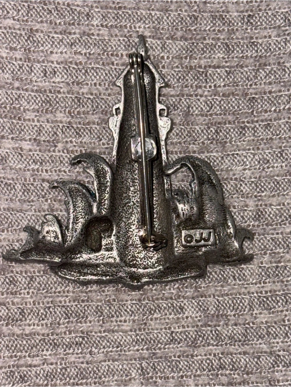 Vintage JJ signed silver tone lighthouse brooch w blue sparkly waves &small home